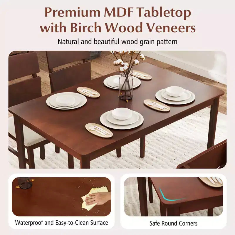 Costway 5 PCS Dining Table Set for 4 Farmhouse Wooden Table & 4 Upholstered Chairs