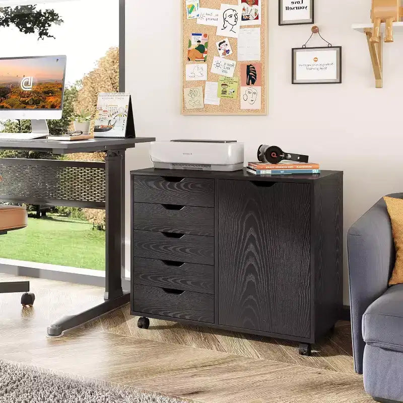 GALAXHERO Mobile File Cabinet 5-Drawer Wood Dresser Chest with Door Mobile Printer Stand for Home Office