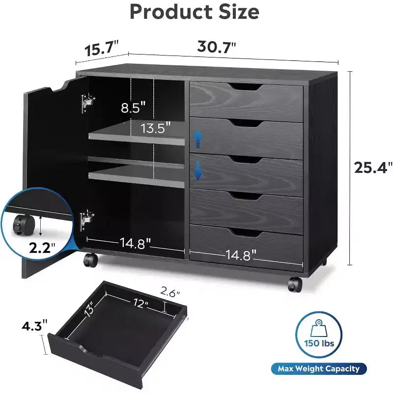GALAXHERO Mobile File Cabinet 5-Drawer Wood Dresser Chest with Door Mobile Printer Stand for Home Office