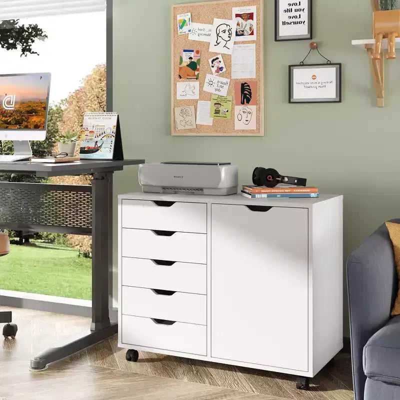 GALAXHERO Mobile File Cabinet 5-Drawer Wood Dresser Chest with Door Mobile Printer Stand for Home Office