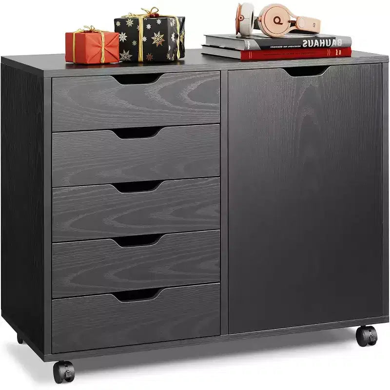 GALAXHERO Mobile File Cabinet 5-Drawer Wood Dresser Chest with Door Mobile Printer Stand for Home Office