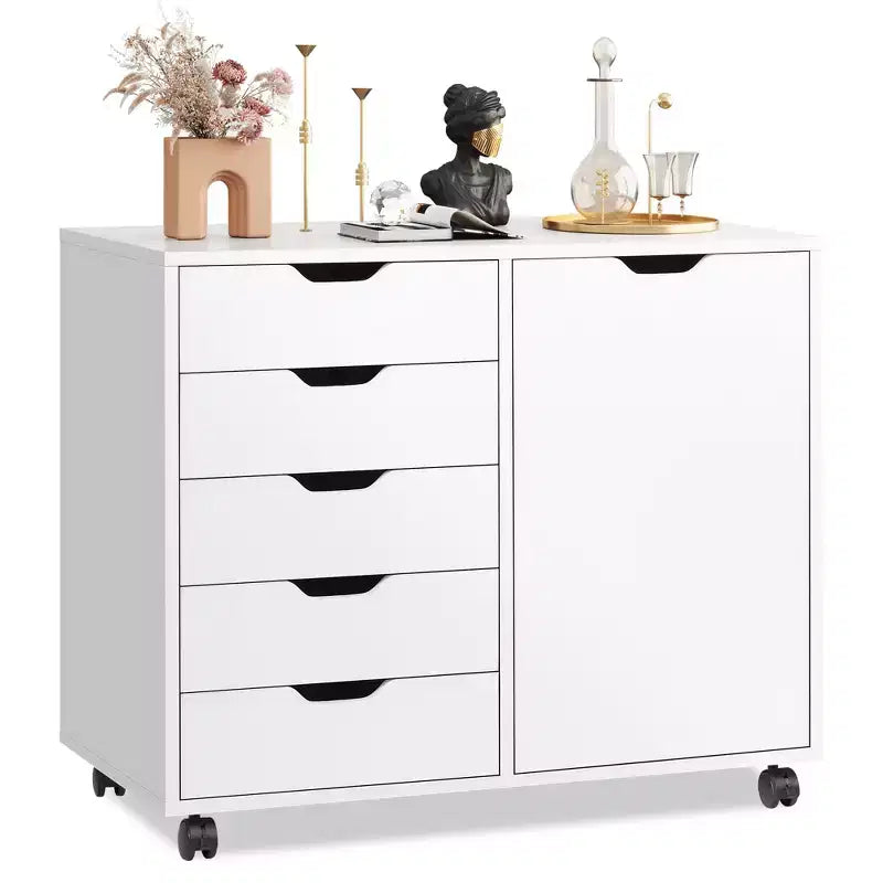 GALAXHERO Mobile File Cabinet 5-Drawer Wood Dresser Chest with Door Mobile Printer Stand for Home Office