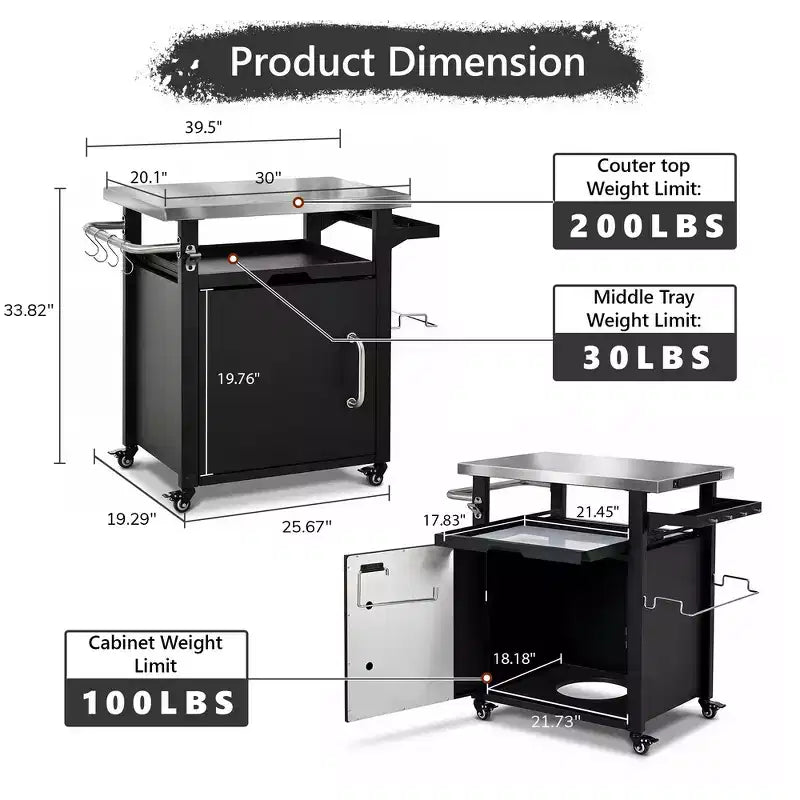 Whisen Outdoor Kitchen Island Cart with Stainless Steel Sink and Lockable Wheels