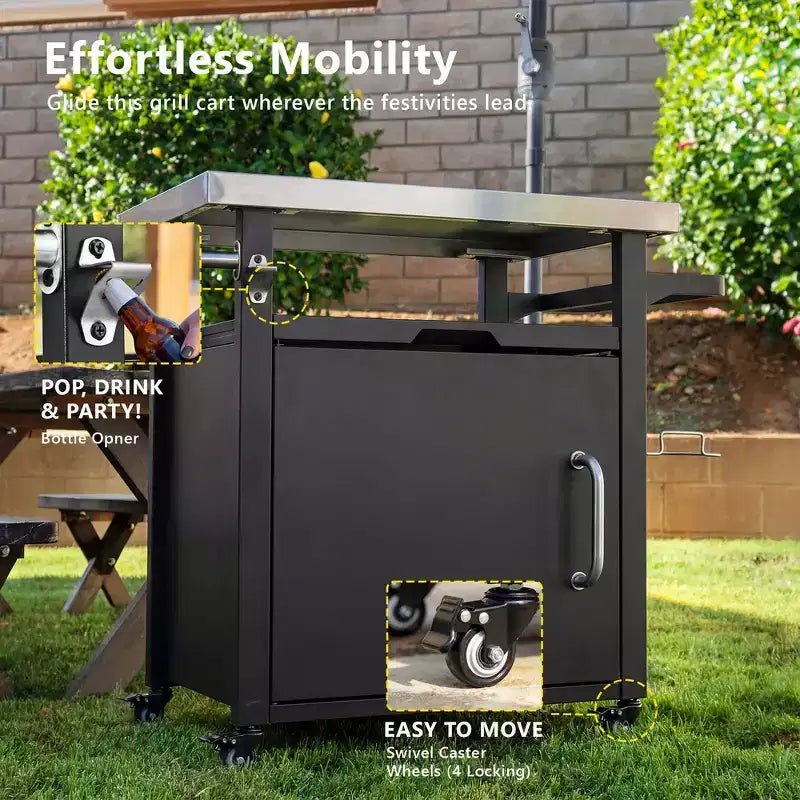 Whisen Outdoor Kitchen Island Cart with Stainless Steel Sink and Lockable Wheels