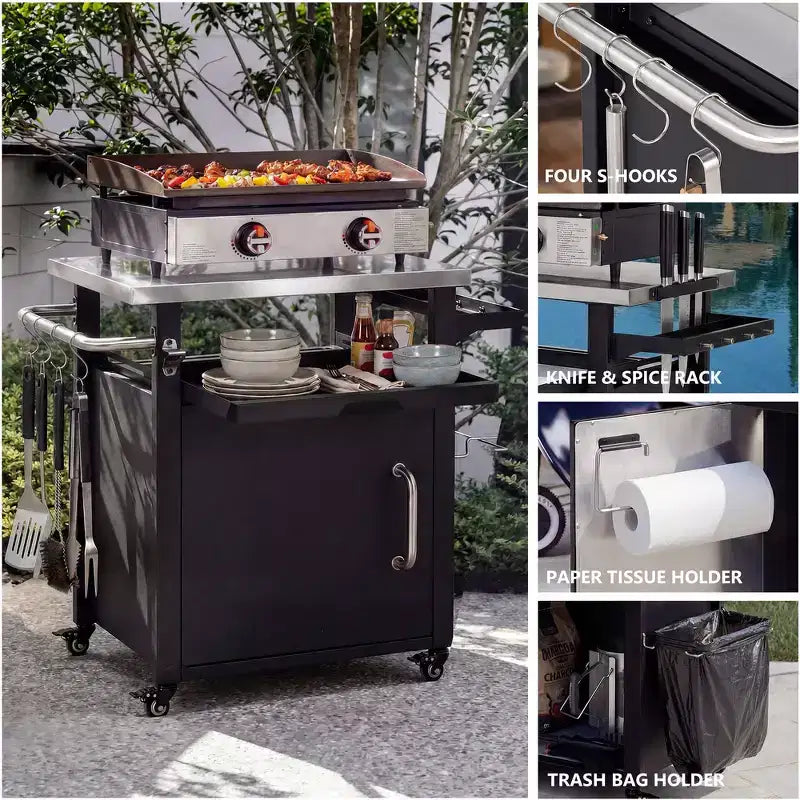 Whisen Outdoor Kitchen Island Cart with Stainless Steel Sink and Lockable Wheels