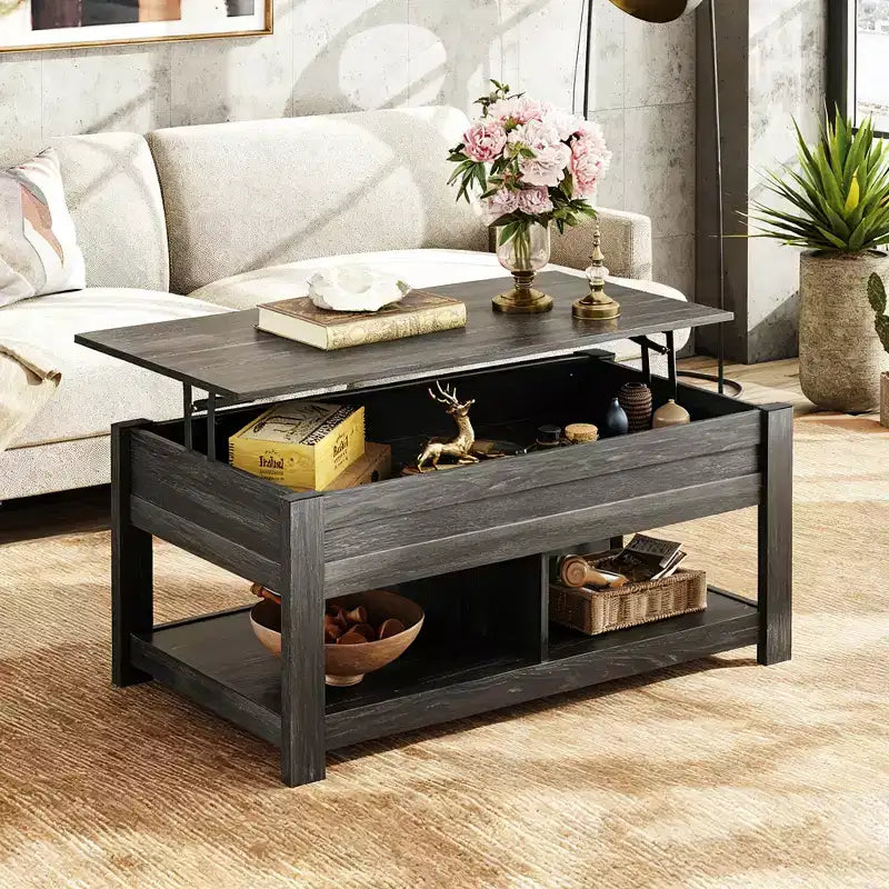DEXYLLO Coffee Table, 47 Lift Top Coffee Table with Hidden Compartment and 2 Storage Shelves for Living Room