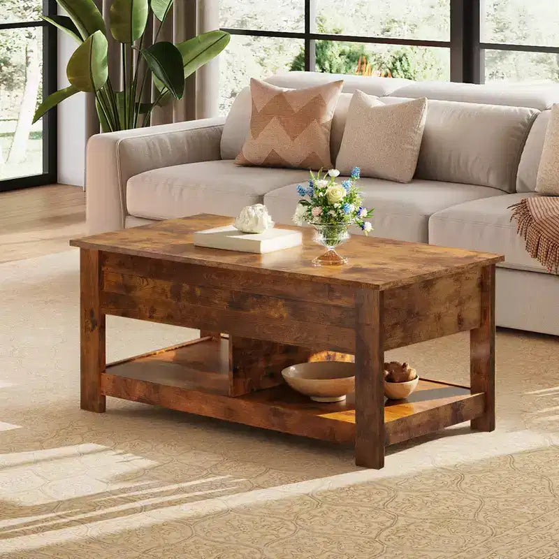 DEXYLLO Coffee Table, 47 Lift Top Coffee Table with Hidden Compartment and 2 Storage Shelves for Living Room