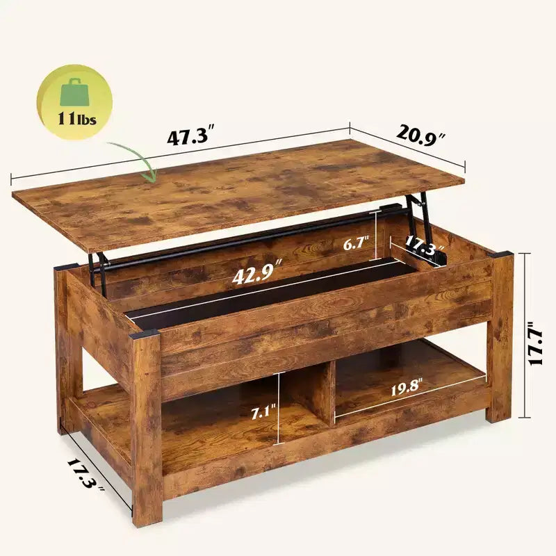 DEXYLLO Coffee Table, 47 Lift Top Coffee Table with Hidden Compartment and 2 Storage Shelves for Living Room