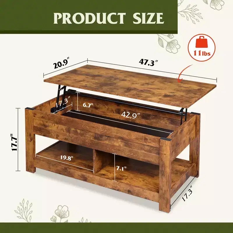 DEXYLLO Coffee Table, 47 Lift Top Coffee Table with Hidden Compartment and 2 Storage Shelves for Living Room