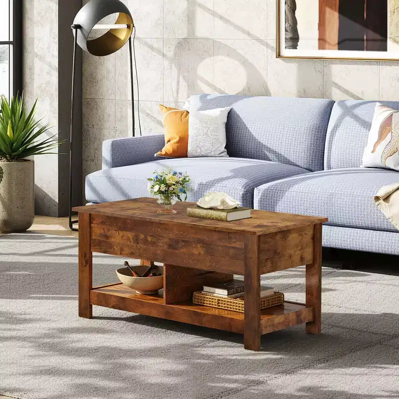 DEXYLLO Coffee Table, 47 Lift Top Coffee Table with Hidden Compartment and 2 Storage Shelves for Living Room