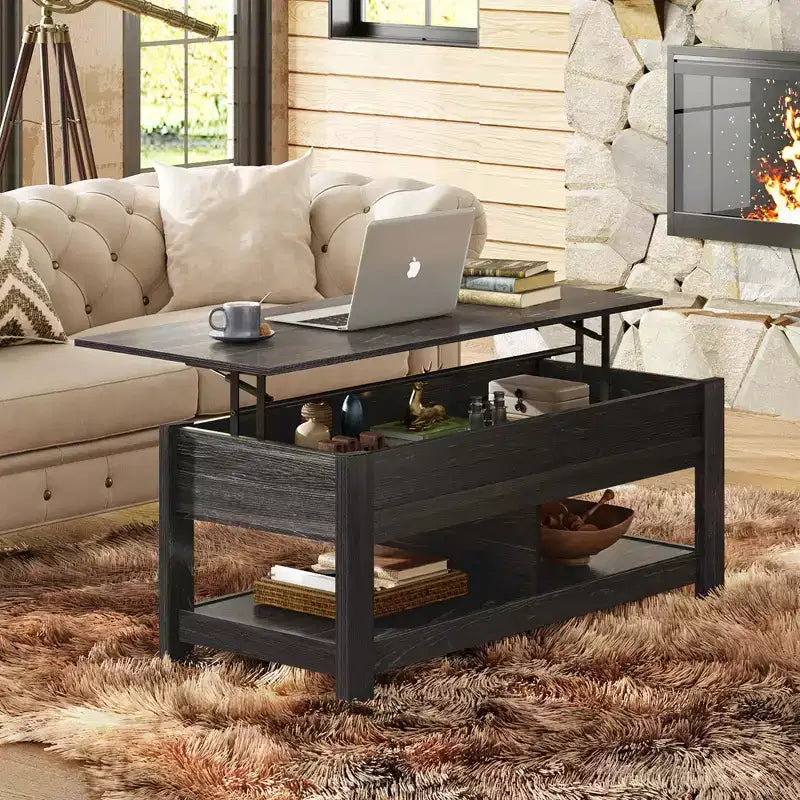 DEXYLLO Coffee Table, 47 Lift Top Coffee Table with Hidden Compartment and 2 Storage Shelves for Living Room