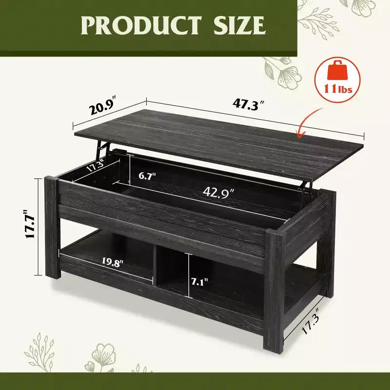DEXYLLO Coffee Table, 47 Lift Top Coffee Table with Hidden Compartment and 2 Storage Shelves for Living Room