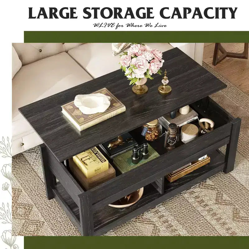 DEXYLLO Coffee Table, 47 Lift Top Coffee Table with Hidden Compartment and 2 Storage Shelves for Living Room