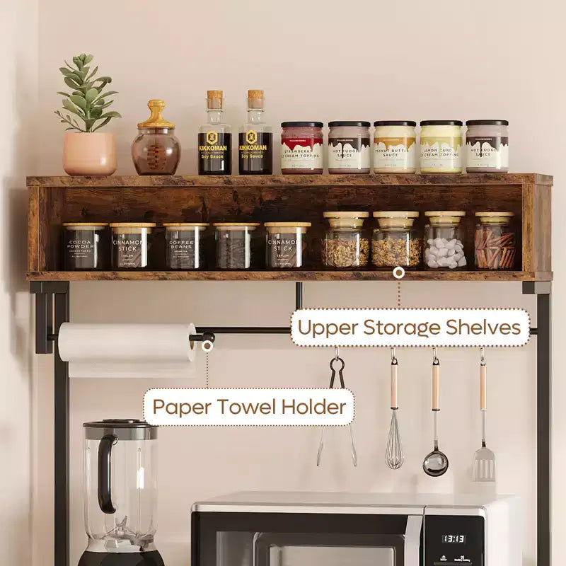 Bestier 65 Étagère de cuisine avec prises électriques, étagères de rangement de cuisine à 5 niveaux, support de micro-ondes avec 2 paniers métalliques et 10 crochets