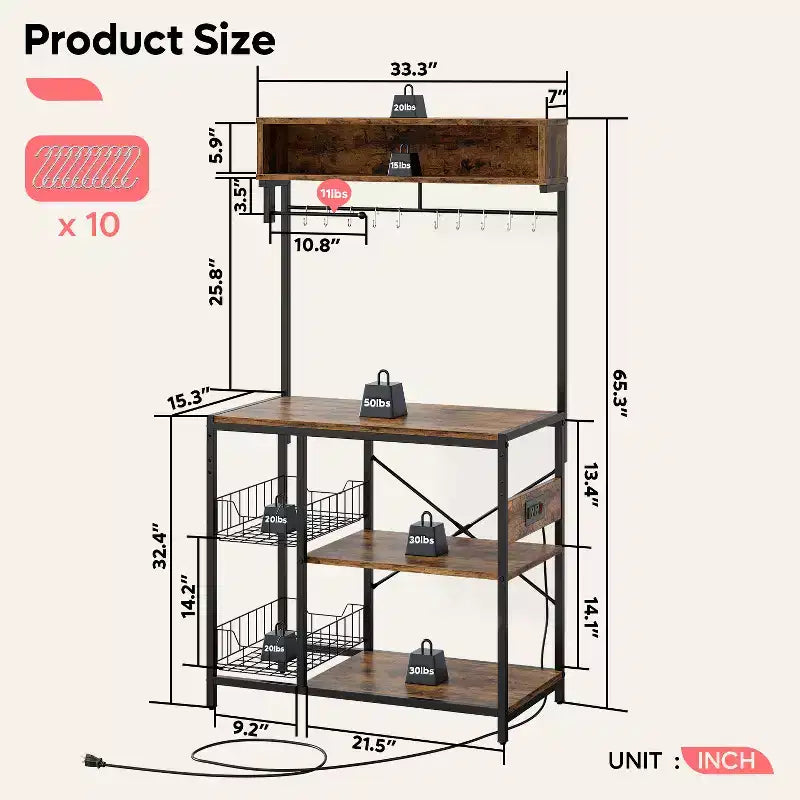 Bestier 65 Étagère de cuisine avec prises électriques, étagères de rangement de cuisine à 5 niveaux, support de micro-ondes avec 2 paniers métalliques et 10 crochets