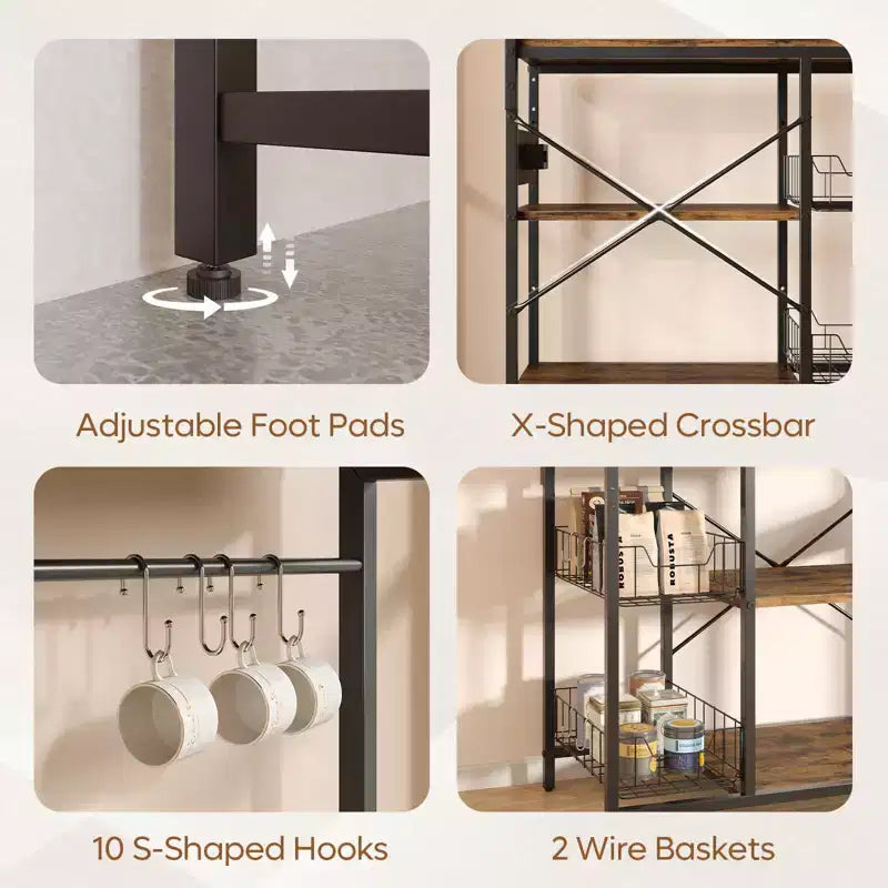 Bestier 65 Étagère de cuisine avec prises électriques, étagères de rangement de cuisine à 5 niveaux, support de micro-ondes avec 2 paniers métalliques et 10 crochets