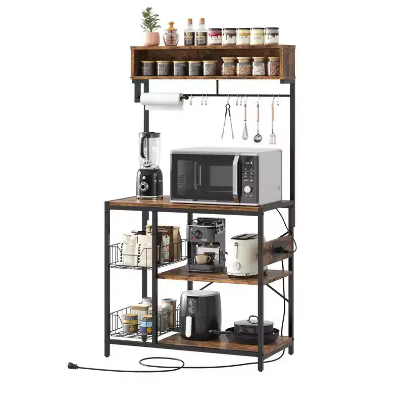 Bestier 65 Étagère de cuisine avec prises électriques, étagères de rangement de cuisine à 5 niveaux, support de micro-ondes avec 2 paniers métalliques et 10 crochets