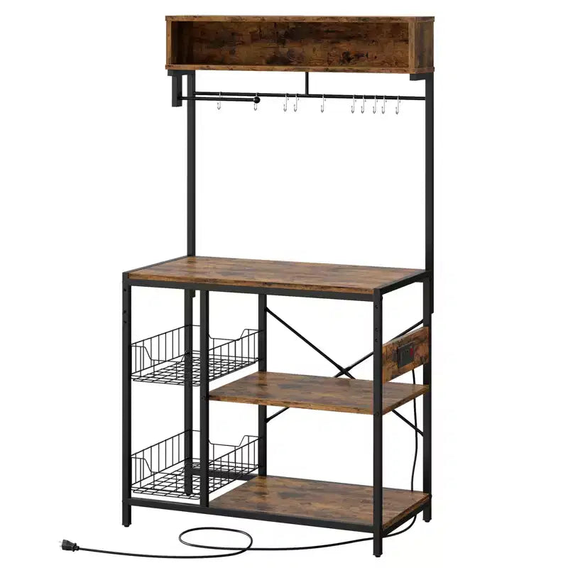 Bestier 65 Étagère de cuisine avec prises électriques, étagères de rangement de cuisine à 5 niveaux, support de micro-ondes avec 2 paniers métalliques et 10 crochets