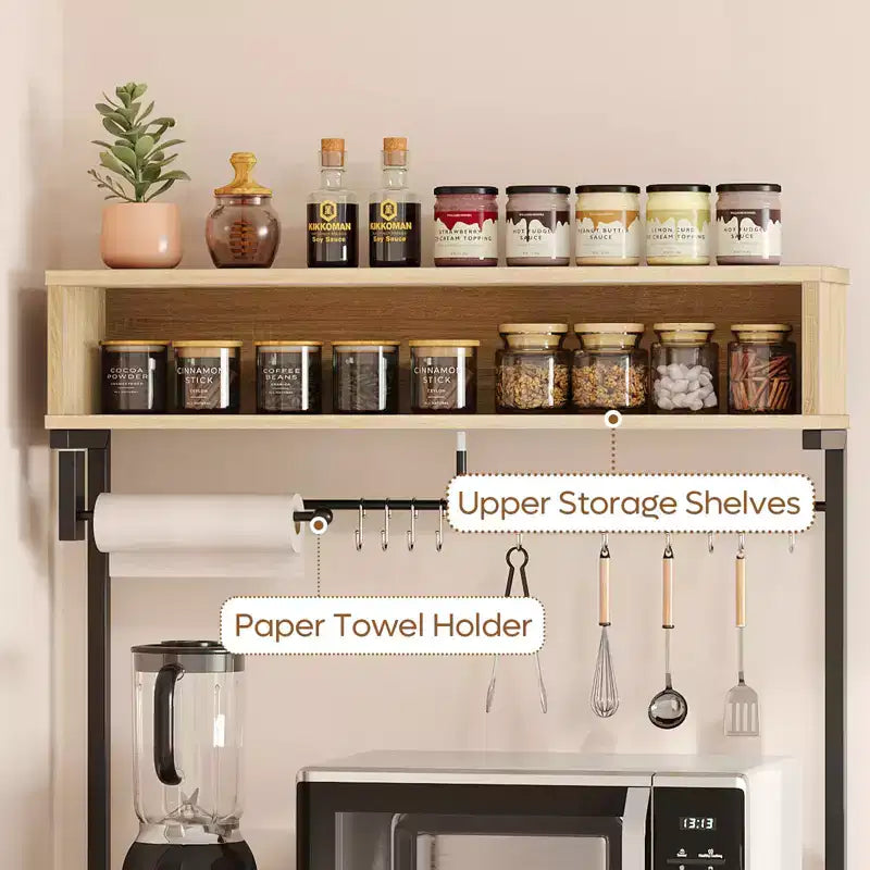 Bestier 65 Étagère de cuisine avec prises électriques, étagères de rangement de cuisine à 5 niveaux, support de micro-ondes avec 2 paniers métalliques et 10 crochets