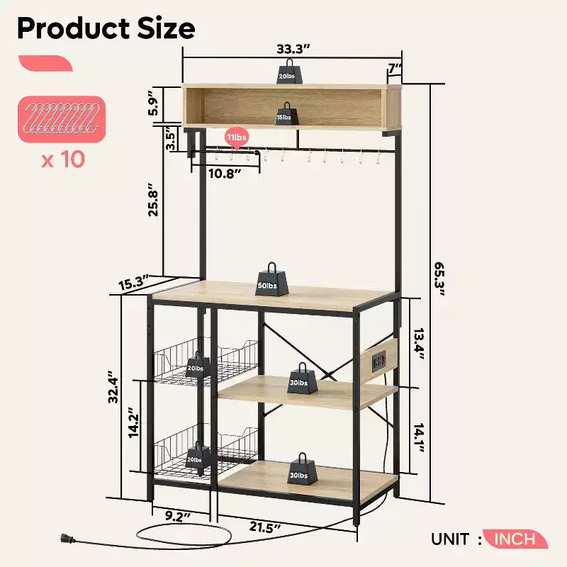Bestier 65 Étagère de cuisine avec prises électriques, étagères de rangement de cuisine à 5 niveaux, support de micro-ondes avec 2 paniers métalliques et 10 crochets