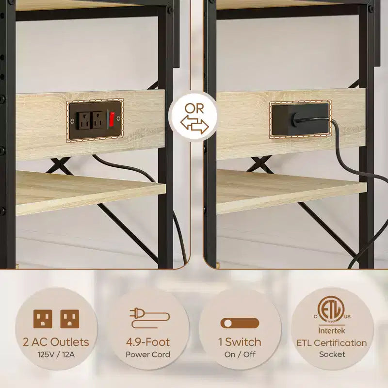 Bestier 65 Étagère de cuisine avec prises électriques, étagères de rangement de cuisine à 5 niveaux, support de micro-ondes avec 2 paniers métalliques et 10 crochets