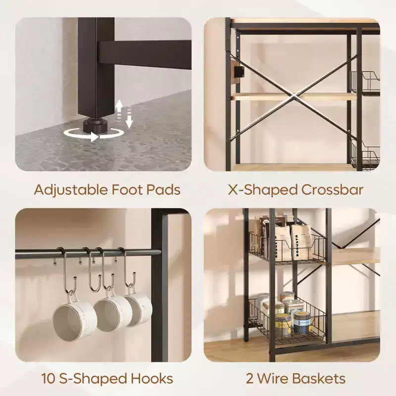 Bestier 65 Étagère de cuisine avec prises électriques, étagères de rangement de cuisine à 5 niveaux, support de micro-ondes avec 2 paniers métalliques et 10 crochets