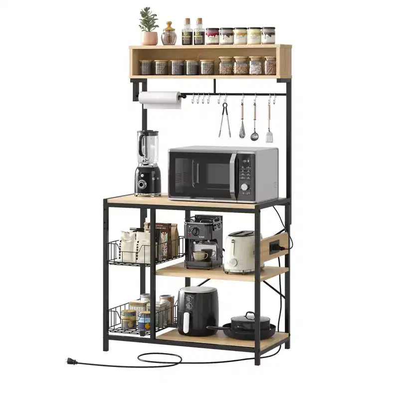 Bestier 65 Étagère de cuisine avec prises électriques, étagères de rangement de cuisine à 5 niveaux, support de micro-ondes avec 2 paniers métalliques et 10 crochets