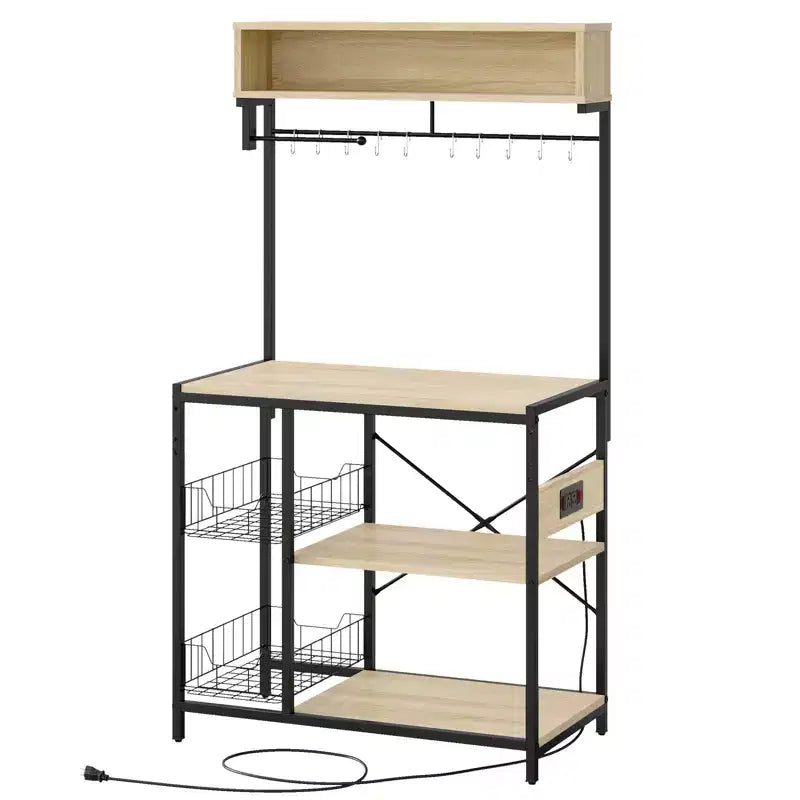 Bestier 65 Étagère de cuisine avec prises électriques, étagères de rangement de cuisine à 5 niveaux, support de micro-ondes avec 2 paniers métalliques et 10 crochets