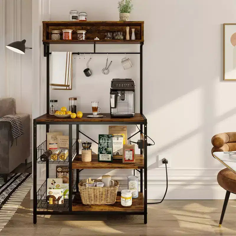 Bestier 65 Étagère de cuisine avec prises électriques, étagères de rangement de cuisine à 5 niveaux, support de micro-ondes avec 2 paniers métalliques et 10 crochets