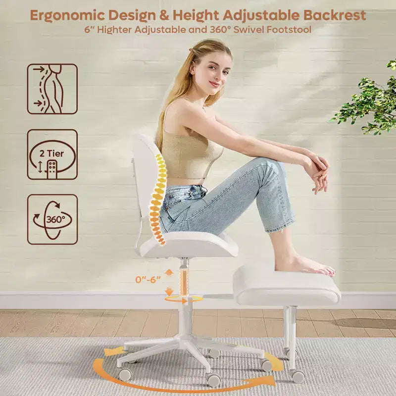 Pinmoco Chaise de bureau sans accoudoirs à pieds croisés, siège extra large, pivotant à 360°, chaise de bureau ergonomique pour la maison, le gaming et la méditation