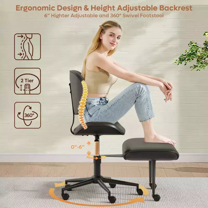 Pinmoco Chaise de bureau sans accoudoirs à pieds croisés, siège extra large, pivotant à 360°, chaise de bureau ergonomique pour la maison, le gaming et la méditation