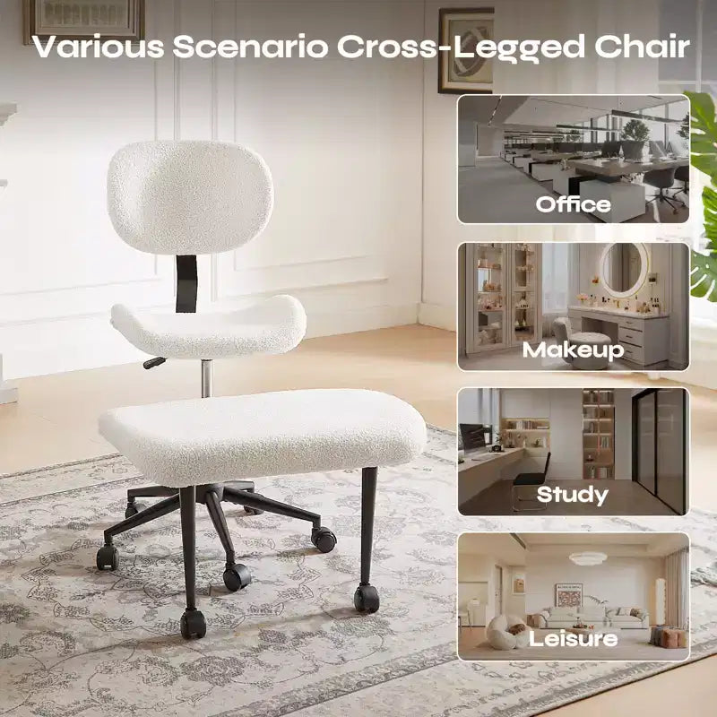 Pinmoco Chaise de bureau sans accoudoirs à pieds croisés, siège extra large, pivotant à 360°, chaise de bureau ergonomique pour la maison, le gaming et la méditation