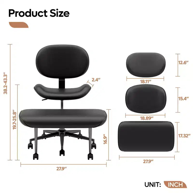 Pinmoco Chaise de bureau sans accoudoirs à pieds croisés, siège extra large, pivotant à 360°, chaise de bureau ergonomique pour la maison, le gaming et la méditation