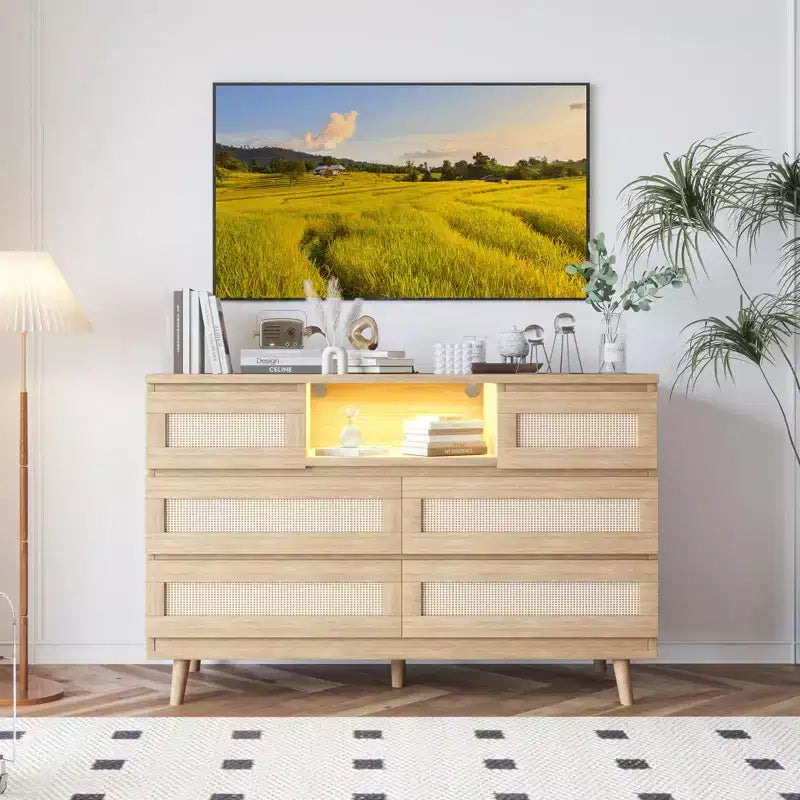 GARVEE 6 Drawer Rattan Dressers,Wooden Durable Dressers & Chests of Drawers with LED Light and Charging Station, TV Stand for Bedroom