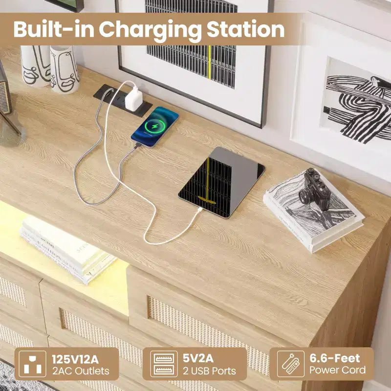 GARVEE 6 Drawer Rattan Dressers,Wooden Durable Dressers & Chests of Drawers with LED Light and Charging Station, TV Stand for Bedroom