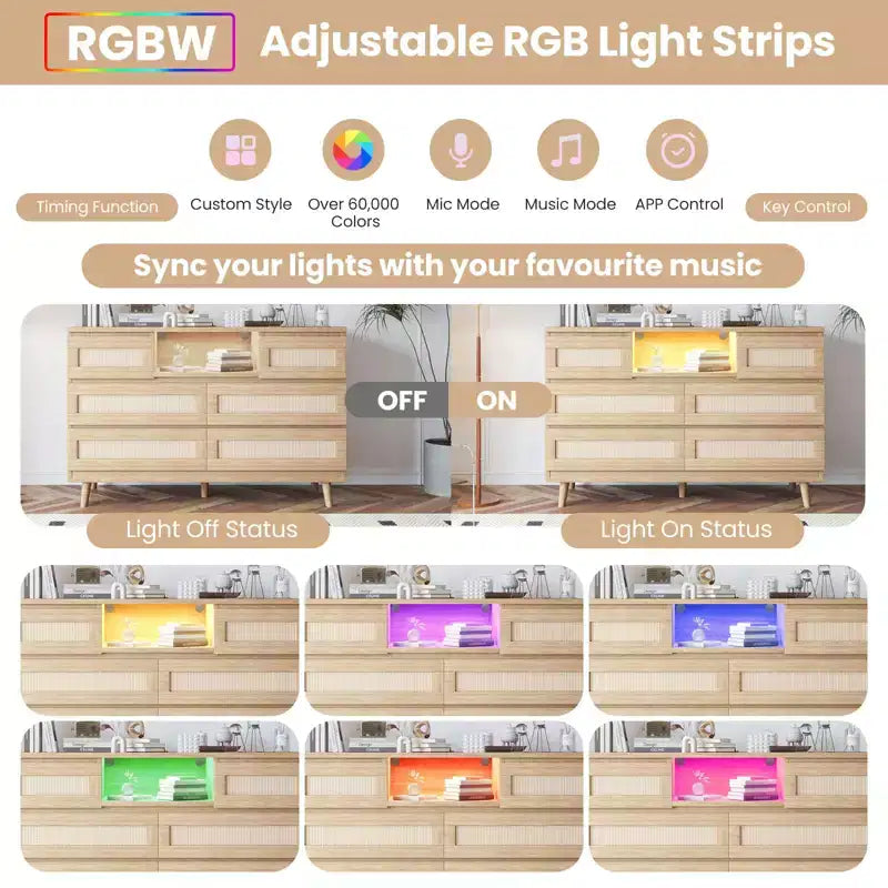 GARVEE 6 Drawer Rattan Dressers,Wooden Durable Dressers & Chests of Drawers with LED Light and Charging Station, TV Stand for Bedroom