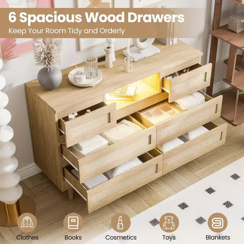 GARVEE 6 Drawer Rattan Dressers,Wooden Durable Dressers & Chests of Drawers with LED Light and Charging Station, TV Stand for Bedroom