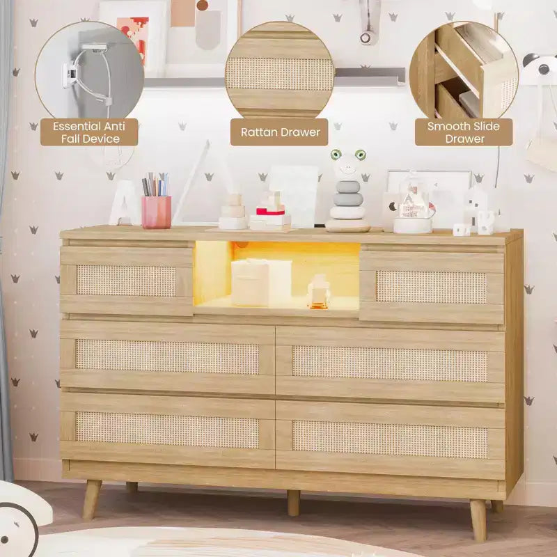 GARVEE 6 Drawer Rattan Dressers,Wooden Durable Dressers & Chests of Drawers with LED Light and Charging Station, TV Stand for Bedroom