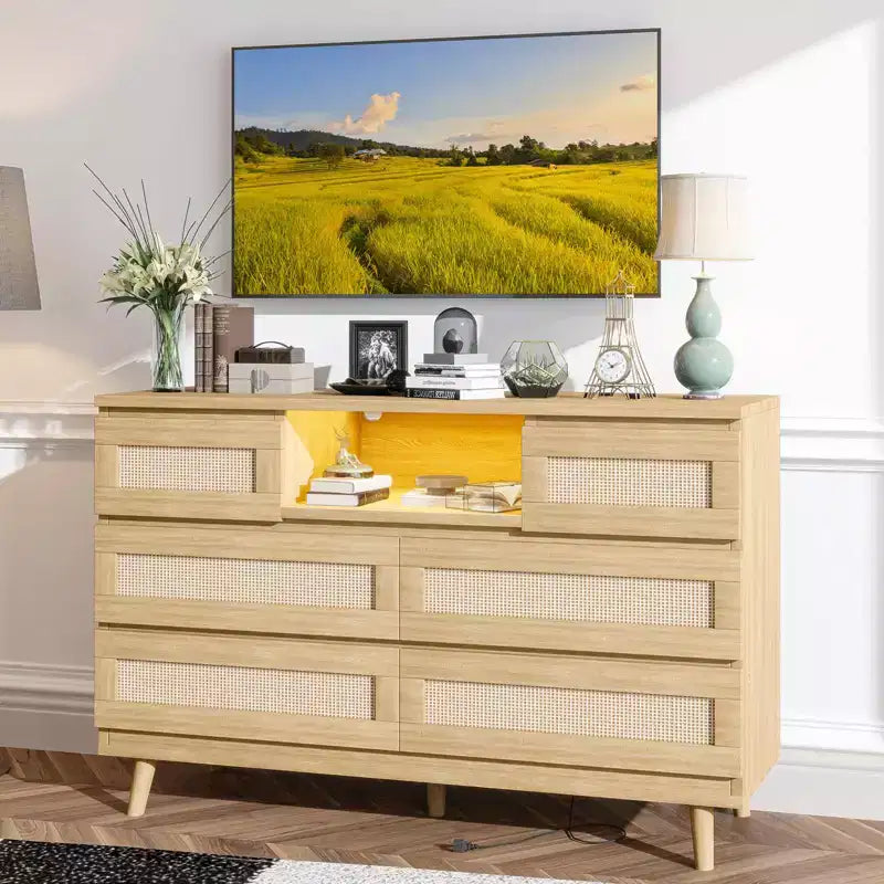 GARVEE 6 Drawer Rattan Dressers,Wooden Durable Dressers & Chests of Drawers with LED Light and Charging Station, TV Stand for Bedroom