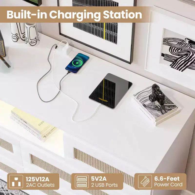 GARVEE 6 Drawer Rattan Dressers,Wooden Durable Dressers & Chests of Drawers with LED Light and Charging Station, TV Stand for Bedroom