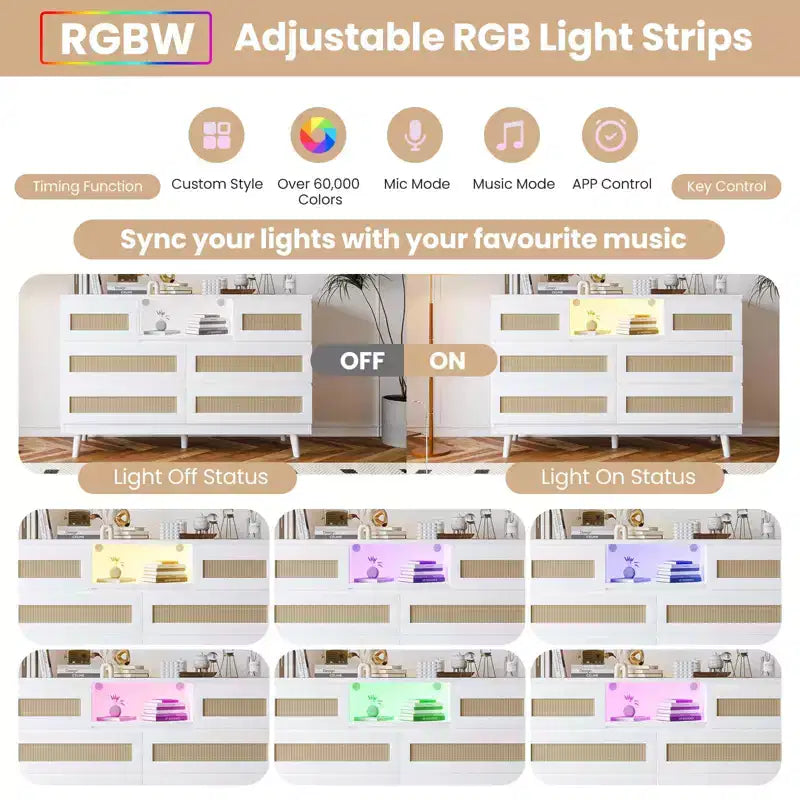 GARVEE 6 Drawer Rattan Dressers,Wooden Durable Dressers & Chests of Drawers with LED Light and Charging Station, TV Stand for Bedroom