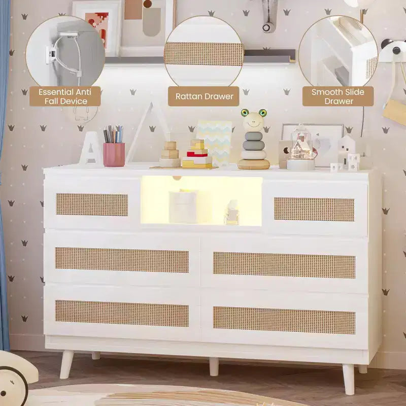 GARVEE 6 Drawer Rattan Dressers,Wooden Durable Dressers & Chests of Drawers with LED Light and Charging Station, TV Stand for Bedroom