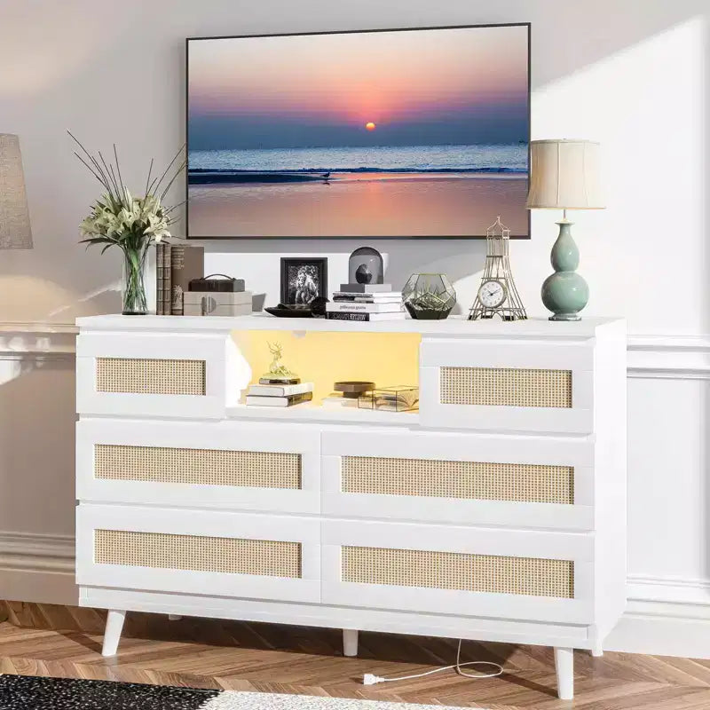 GARVEE 6 Drawer Rattan Dressers,Wooden Durable Dressers & Chests of Drawers with LED Light and Charging Station, TV Stand for Bedroom