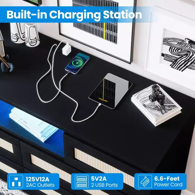 GARVEE 6 Drawer Rattan Dressers,Wooden Durable Dressers & Chests of Drawers with LED Light and Charging Station, TV Stand for Bedroom