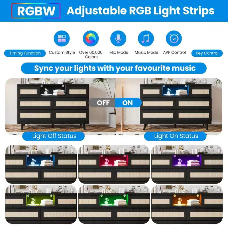 GARVEE 6 Drawer Rattan Dressers,Wooden Durable Dressers & Chests of Drawers with LED Light and Charging Station, TV Stand for Bedroom