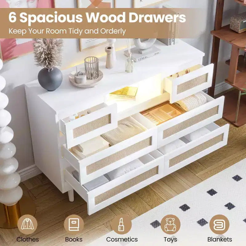 GARVEE 6 Drawer Rattan Dressers,Wooden Durable Dressers & Chests of Drawers with LED Light and Charging Station, TV Stand for Bedroom
