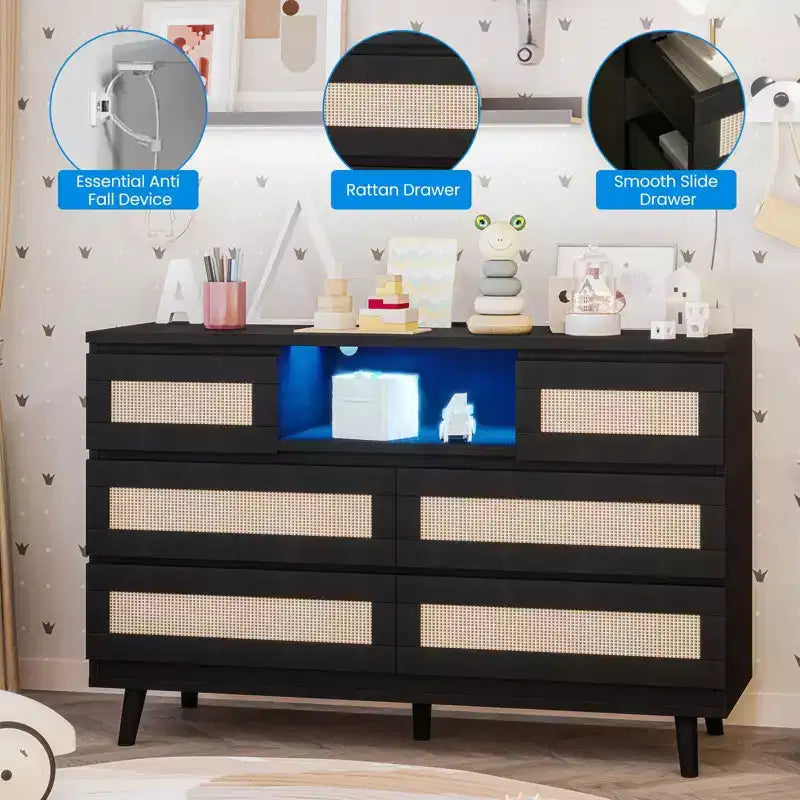 GARVEE 6 Drawer Rattan Dressers,Wooden Durable Dressers & Chests of Drawers with LED Light and Charging Station, TV Stand for Bedroom
