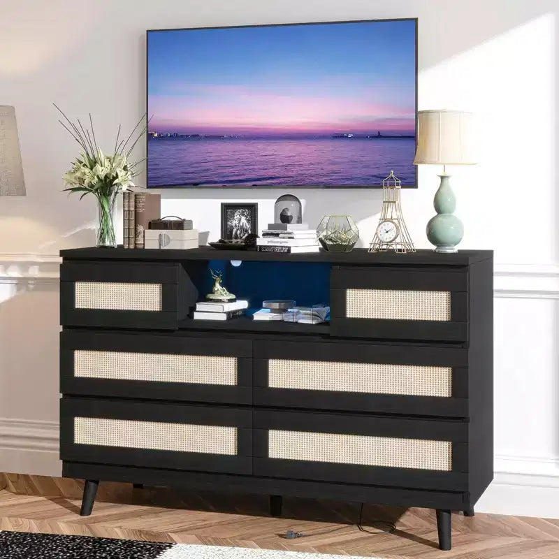 GARVEE 6 Drawer Rattan Dressers,Wooden Durable Dressers & Chests of Drawers with LED Light and Charging Station, TV Stand for Bedroom
