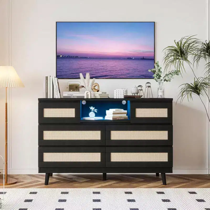 GARVEE 6 Drawer Rattan Dressers,Wooden Durable Dressers & Chests of Drawers with LED Light and Charging Station, TV Stand for Bedroom