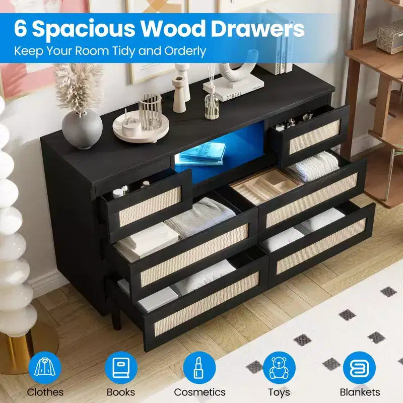 GARVEE 6 Drawer Rattan Dressers,Wooden Durable Dressers & Chests of Drawers with LED Light and Charging Station, TV Stand for Bedroom